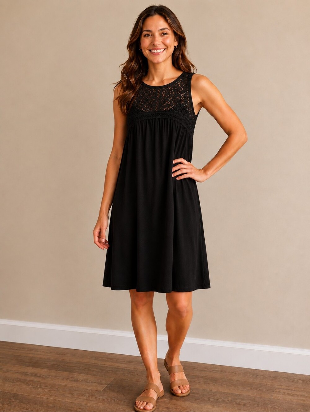 ❤️ NWT! LOFT CROCHET NECKLINE BLACK SLEEVELESS SWING DRESS, SMALL
